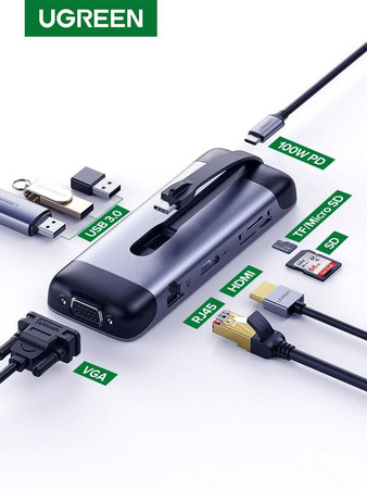 ADAPTER 9W1 UGREEN CM286 HUB USB-C DO HDMI 4K, FHD, VGA, 3X USB 3.0, PD, SD/TF, USB-C (SZARY)