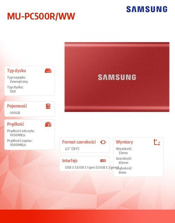 SAMSUNG DYSK PORTABLE T7 500GB USB 3.2 GEN.2 CZERWONY