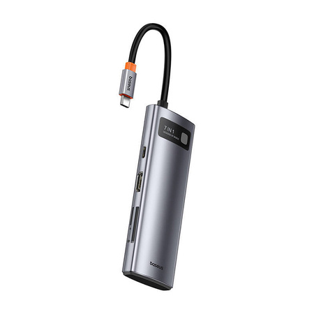 HUB 7W1 BASEUS GLEAM, USB-C DO 1X HDMI4K 60HZ + 3X USB3.0 + 1X PD + 1X SD/TF (SZARY)