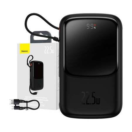 Powerbank Baseus Qpow Pro z kablem USB-C, USB-C, USB, 10000mAh, 22.5W (czarny)