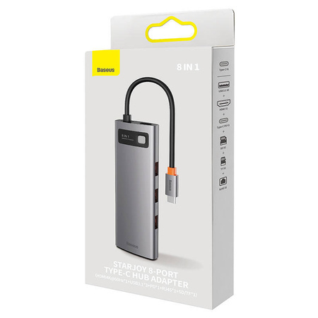 HUB 8W1 BASEUS STARJOY SERIES, USB-C DO HDMI + 3 X USB 3.1 + USB-C PD + RJ45 + MICROSD/SD