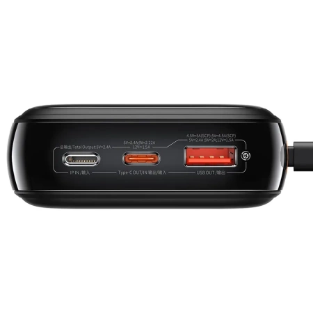 Powerbank Baseus Qpow PRO z kablem Lightning, portem USB-C i USB, 20000mAh, 20W (czarny)