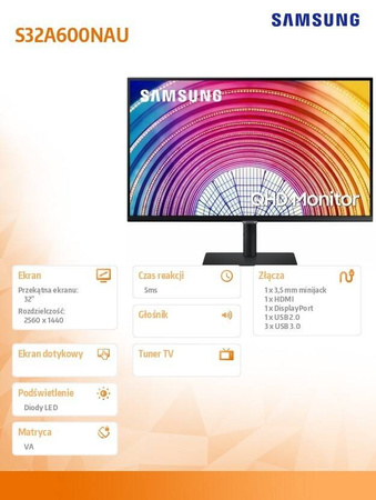 SAMSUNG MONITOR 32 CALE LS32A600NAUXEN VA 2560X1440 WQHD 16:9 1XHDMI 1XDP 3XUSB 3.0, 1XUSB 2.0 5MS HAS+PIVOT PŁASKI 3 LATA ON-SITE