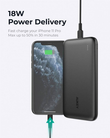 AUKEY PB-N73S ULTRASZYBKI POWER BANK | 10000 MAH | 4XUSB | QUICK CHARGE 3.0 | POWER DELIVERY 3.0 | 18W | LED | KABEL USB-C