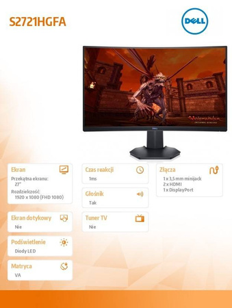 DELL MONITOR 27 CALI S2721HGFA ZAKRZYWIONY 1920X1080/HDMI/DP/3Y