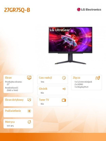 LG ELECTRONICS MONITOR GAMINGOWY 27GR75Q-B 27 CALI IPS ULTRAGEAR QHD 165HZ 1MS