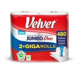 RĘCZNIK PAPIEROWY DWUWARSTWOWY CELULOZOWY VELVET JUMBO DUO BIAŁY 240 LISTKÓW 2 SZT.