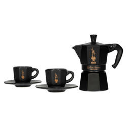 KAWIARKA BIALETTI - ZESTAW MOKA EXPRESS 3TZ CZARNA + 2 FILIŻANKI DO ESPRESSO ZE SPODKAMI