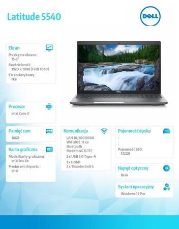 DELL NOTEBOOK LATITUDE 5540 WIN11PRO I7-1355U/16GB/512GB SSD/15.6 FHD/INTEGRATED/FGRPR & SMTCD/FHD/IR CAM/MIC/LTE 4G+BT/BACKLIT KB/3 CELL/3YPS