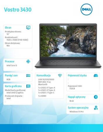 DELL NOTEBOOK VOSTRO 14 (3430) WIN11PRO I5-1335U/8GB/512GB SSD/14.0 FHD/INTEL UHD/FGRPR/CAM & MIC/WLAN + BT/BACKLIT KB/3 CELL/3YPS