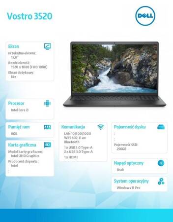 DELL NOTEBOOK VOSTRO 3520 WIN11PRO I3-1215U/8GB/256GB SSD/15.6 FHD/INTEL UHD/FGRPR/CAM & MIC/WLAN + BT/BACKLIT KB/3 CELL/3YPS