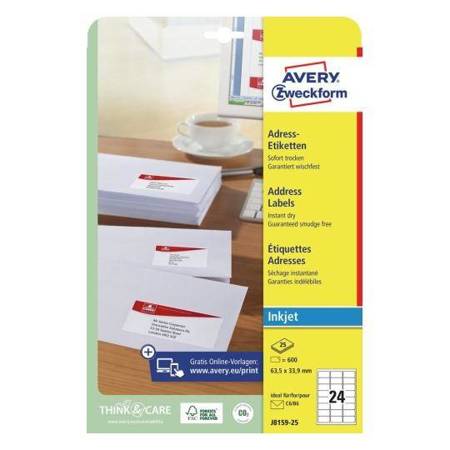 ETYKIETY SAMOPRZYLEPNE 63.5X33.9MM DO ADRESOWANIA AVERY ZWECKFORM J8159-25 BIAŁE 25ARK*24SZT