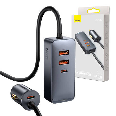 ŁADOWARKA SAMOCHODOWA BASEUS SHARE TOGETHER Z PRZEDŁUŻACZEM, 2X USB, 2X USB-C, 120W (SZARA)