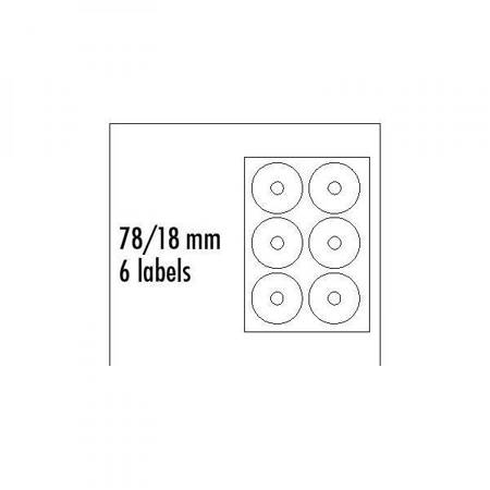 LOGO ETYKIETY NA CD 78/18MM, A4, MATOWE, BIAŁE, 6 ETYKIETY, 140G/M2, PAKOWANY PO 10 SZT., DO DRUKAREK ATRAMENTOWYCH I LASEROWYCH