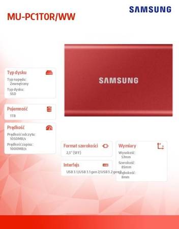 SAMSUNG DYSK PORTABLE T7 1TB USB3.2 GEN.2 CZERWONY