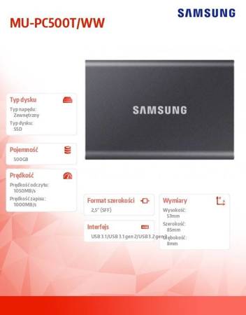 SAMSUNG DYSK SSD PORTABLE T7 500GB USB 3.2 GEN.2 SZARY