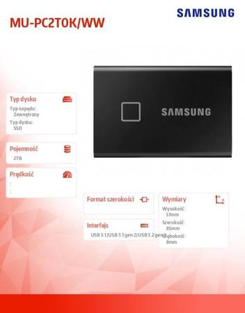 SAMSUNG DYSK ZEWNĘTRZNY SSD PORTABLE TOUCH T7 2T USB3.2 GEN.2 BK