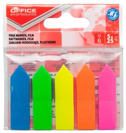 ZAKŁADKI INDEKSUJĄCE FOLIOWE 12X45MM OFFICE PRODUCTS STRZAŁKI MIX KOLORÓW 5X25 SZT